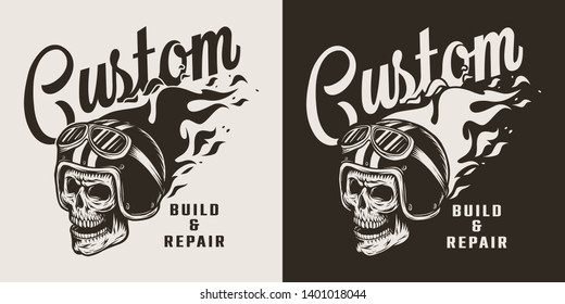 Vintage motorcycle repair service print with skull wearing fiery helmet and goggles in monochrome style isolated vector illustration