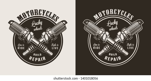 Vintage motorcycle repair shop round logo with crossed spark plugs in monochrome style isolated vector illustration