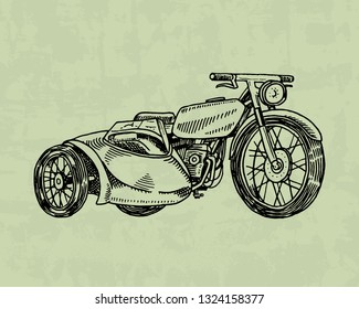 Vintage motorcycle, retro bicycle. Extreme Biker Transport in Old Style. Hand drawn Engraved Monochrome Sketch for poster and banner.