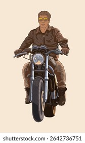 Vintage Motorcycle Rider Front View in earthy color, vector illustration isolated on a light brown color.
