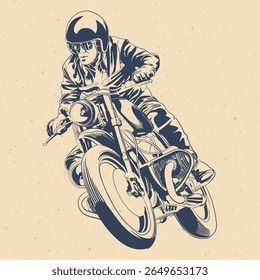 Vintage Motorcycle Rider Illustration – Retro Biker with Helmet and Sunglasses Riding Classic Custom Bike in Leaning Cornering Pose, Monochrome Drawing