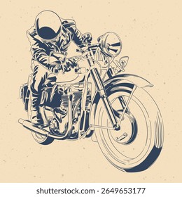 Vintage Motorcycle Rider Illustration – Retro Biker in Helmet and Leather Jacket Riding Classic Bike, Old School Monochrome Drawing