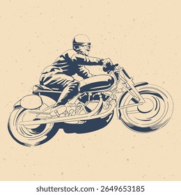 Vintage Motorcycle Rider Side View Illustration – Retro Biker in Helmet and Goggles Riding Classic Custom Bike, Monochrome Ink Drawing for Old School Designs