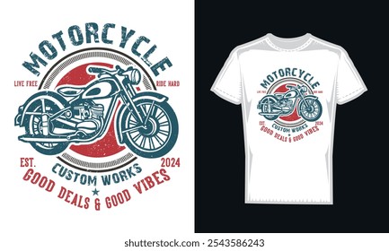 Una motocicleta vintage ruge a través de una carretera abierta polvorienta, con tipografía de estilo retro que dice, Live Free, Ride Classic. La bicicleta, detallada con texturas resistentes, tiene un aspecto desgastado, con salpicaduras de grasa