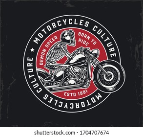 Vintage motorcycle round logotype with inscriptions and skeleton rider driving motorbike on black background isolated vector illustration