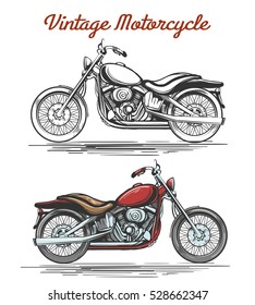 Vintage Motorcycle Set. Hand-drawn Colorful and Monochrome retro motorcycles isolated on white. Vector illustration.
