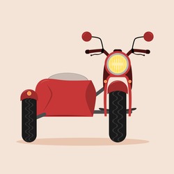 Vintage Motorcycle With Sidecar Isolated Vector Illustration. Red Color.
