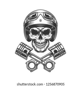 Vintage motorcycle skull in moto helmet with crossed engine pistons in monochrome style isolated vector illustration