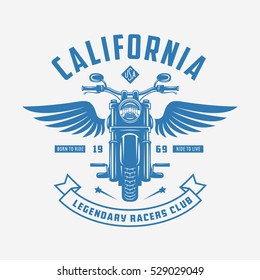 Vintage motorcycle t-shirt design. Bike with the wings. Born to ride. Ride to live. Racers club emblem. Vector vintage illustration.