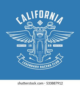 Vintage motorcycle t-shirt design. Bike with the wings. Born to ride. Ride to live. Racers club emblem. Vector vintage illustration.