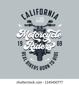 Vintage motorcycle t-shirt design. Motorcycle riders typography. Born to ride. Racers club emblem. Vector vintage illustration.