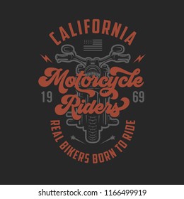 Vintage motorcycle t-shirt design. Motorcycle riders typography. Born to ride. Racers club emblem. Vector vintage illustration.