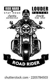 Vintage Motorcycle T-shirt Design Vector.Biker Shirt.Also Use For Lebel, Emblems, Poster. Ride Hard. Stay home. Road Rider.Louder Faster. Legendary Motorcycle. Living life. Chopper. Harley davidsion