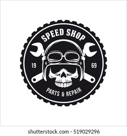 Vintage motorcycle t-shirt graphics. Bike shop advertising emblem. Vector illustration.