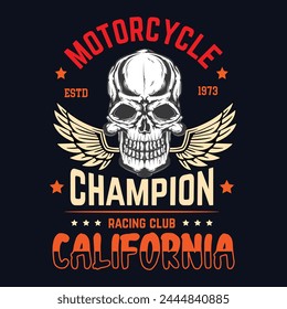 Vintage motorcycle t-shirt graphics. Born to ride. Ride to live. Biker t-shirt. Motorcycle emblem. Monochrome skull. Vector illustration.