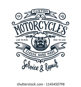 Vintage motorcycle t-shirt hand drawn graphics. Live to ride quote. Custom motorcycles garage service and repair. Vector illustration.