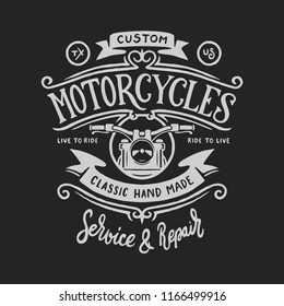 Vintage motorcycle t-shirt hand drawn graphics. Live to ride quote. Custom motorcycles garage service and repair. Vector illustration.