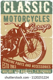 Vintage motorcycle t-shirt or poster. Monochrome illustration of clssic motorcycle with text decoration and grunge texture.