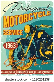 Vintage motorcycle t-shirt or poster. Monochrome illustration of clssic motorcycle with text decoration and grunge texture.