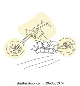 Vintage motorcycle, two-wheeled motorbike. Hand-drawn monochrome vector, lineart, retro style. Sports transport, travel car. Brutal character, speed, biker symbol. For posters, banners, print.