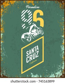 Vintage motorcycle vector logo isolated on dark background. Premium quality biker gang logotype tee-shirt emblem illustration. Santa Cruz, California street wear superior retro tee print design.