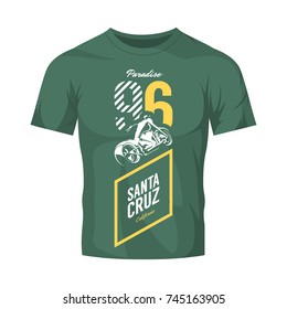 Vintage motorcycle vector logo isolated on dark t-shirt mock up. Premium quality biker gang logotype tee-shirt emblem illustration. Santa Cruz, California street wear superior retro tee print design.