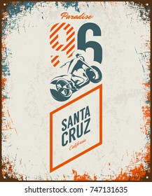 Vintage motorcycle vector logo isolated on light background. Premium quality biker gang logotype tee-shirt emblem illustration. Santa Cruz, California street wear superior retro tee print design.