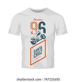 Vintage motorcycle vector logo isolated on white t-shirt mock up. Premium quality biker gang logotype tee-shirt emblem illustration. Santa Cruz, California street wear superior retro tee print design.