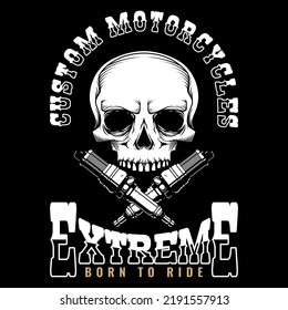 Vintage motorcycles badges with skull and crossed spark. Motorbike logo vector stock illustration. 