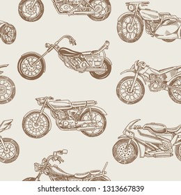 Vintage motorcycles Seamless Pattern. Bicycle Background. Extreme Biker Transport. Retro Old Style. Hand drawn Engraved Monochrome Sketch.