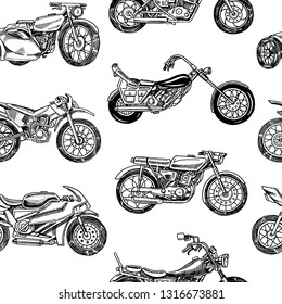 Vintage motorcycles Seamless Pattern. Bicycle Background. Extreme Biker Transport. Retro Old Style. Hand drawn Engraved Monochrome Sketch.