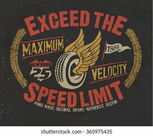 vintage motorcycling quality label.  t-shirt typography design. flying wheel