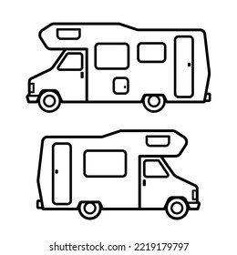 Vintage motorhome or camper van side view - retro vector icon set with bold black outlines on white background