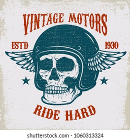 Vintage motors. Ride hard. Vintage racer skull in winged helmet illustration on grunge background. Design element for poster, emblem, sign, t shirt. Vector illustration