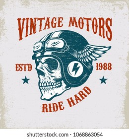 Vintage motors. Ride hard. Vintage racer skull in winged helmet illustration on grunge background. Design element for poster, emblem, sign, t shirt. Vector illustration