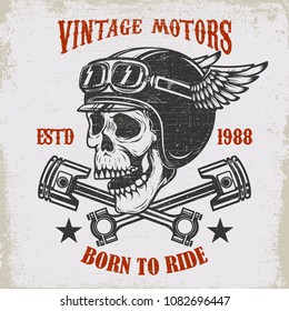 Vintage motors. Ride hard. Vintage racer skull in winged helmet illustration on grunge background. Design element for poster, emblem, sign, t shirt. Vector illustration