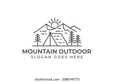 vintage mountain adventure club logos and camping resort outdoor retro vector line art logo design