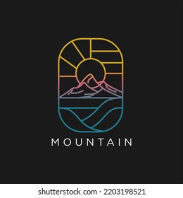 Vintage mountain adventure line art logo design.