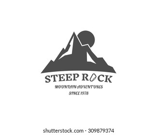 Vintage mountain badge, outdoors logo, emblem and label. Steep Rock concept, monochrome design. Best for camp, travel sites, web app, adventure magazines. Easy to change color. Vector illustration
