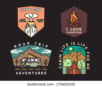 Vintage mountain camp badges logos set, Adventure stickers. Hand drawn emblems bundle. Road trip, Travel expedition, campfire labels. Outdoor hiking designs. Logotypes collection. Stock vector.