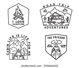 Vintage mountain camp badges logos set, Adventure stickers. Hand drawn emblems bundle. Road trip, Travel expedition, campfire labels. Outdoor hiking designs. Linear Logotypes collection. Stock vector.