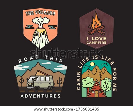 Vintage mountain camp badges logos set, Adventure stickers. Hand drawn emblems bundle. Road trip, Travel expedition, campfire labels. Outdoor hiking designs. Logotypes collection. Stock vector.