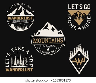 Vintage mountain camp logos, adventure badges set. Hand drawn labels designs. Travel expedition insignias, wanderlust and scouting. Outdoor emblems. Logotypes collection. Stock vector