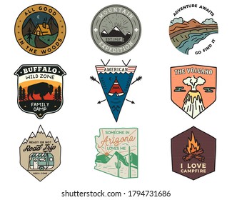 Vintage mountain camping badges logos set, Adventure patches. Hand drawn stickers designs bundle. Travel expedition, hiking labels. Outdoor sports emblems. Logotypes collection. Stock vector.