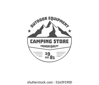 Vintage mountain camping store badge, outdoor logo, emblem and label. Hiking, climbing concept, monochrome design. Best for travel sites, adventure magazines. Easy to change color. Vector illustration