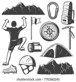 Vintage Mountain Climbing Elements Set With Climber Carabiner Flag Compass Helmet Lantern Backpack Pick Camp Footwear Isolated Vector Illustration