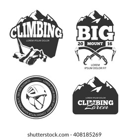 Vintage Mountain Climbing Logo Set. Mountain Rock Climbing Labels And Climbing Sport Activity Badges Vector