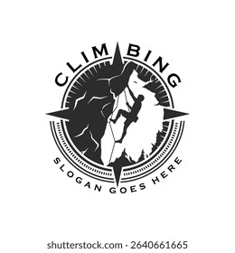 Vintage mountain climbing vector logo and labels set. Sport climbing, emblem climbing, hobby climbing illustration