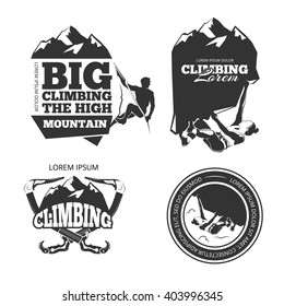 Vintage Mountain Climbing Vector Logo And Labels Set. Sport Climbing, Emblem Climbing, Hobby Climbing Illustration