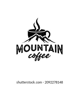 vintage mountain coffee logo template with cup. Mountains illustration isolated on white background